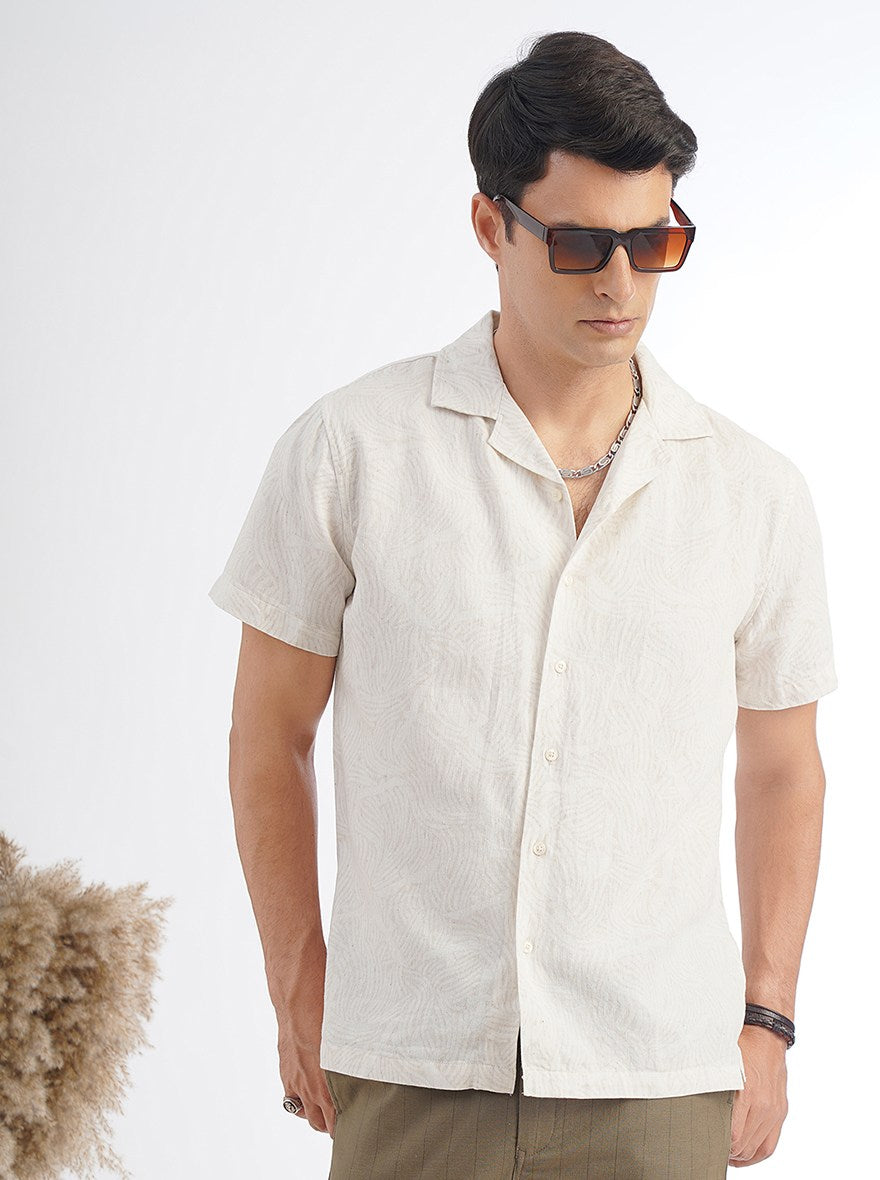 Beige Printed Slim Fit Casual Shirt | pehervi