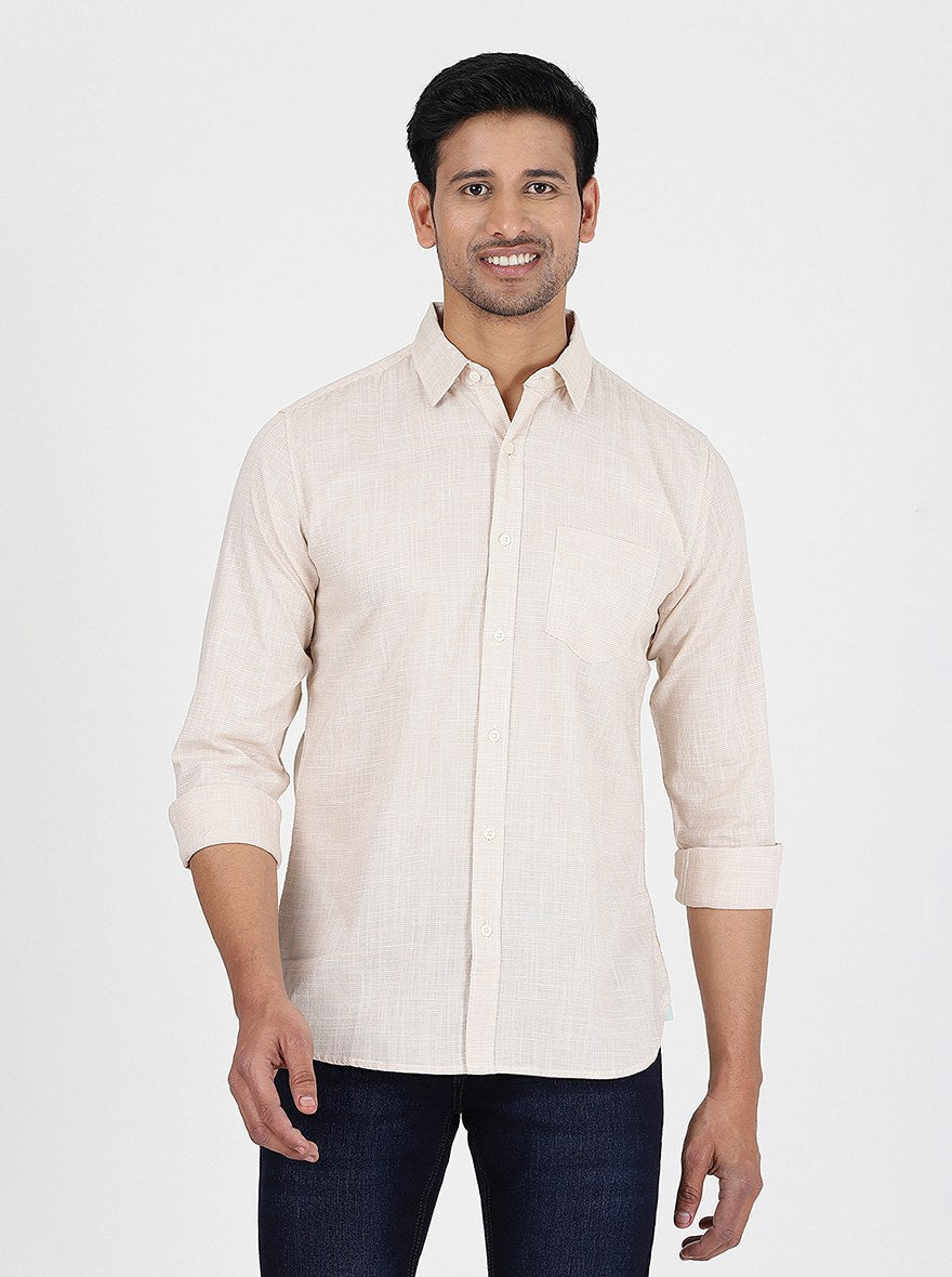 Beige Checked Slim Fit Casual Shirt | pehervi