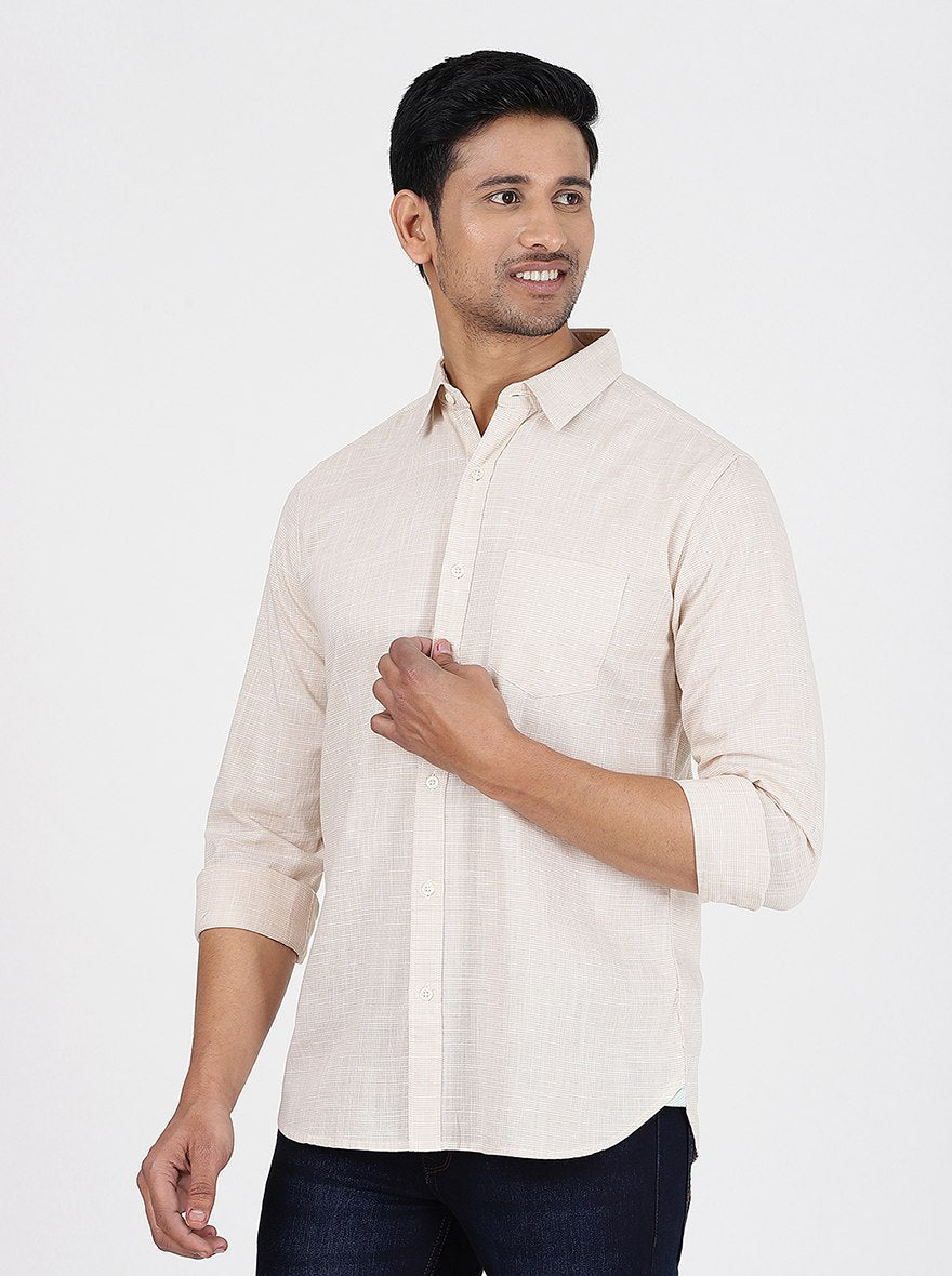 Beige Checked Slim Fit Casual Shirt | pehervi