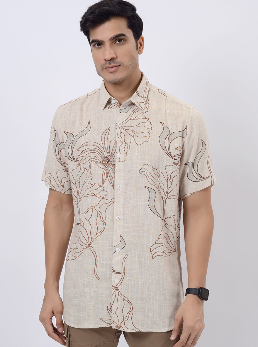 Beige Printed Slim Fit Casual Shirt | pehervi
