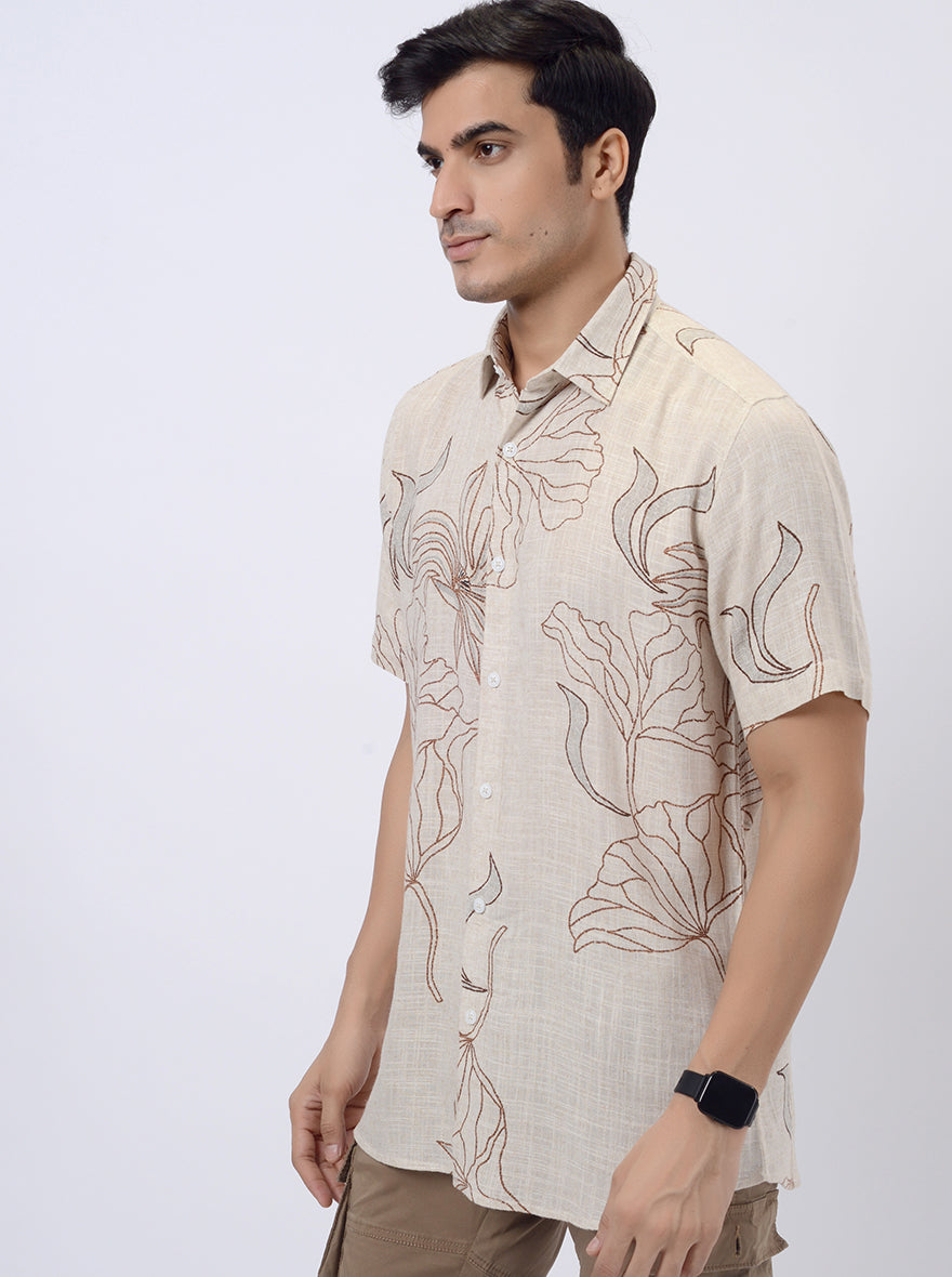 Beige Printed Slim Fit Casual Shirt | pehervi