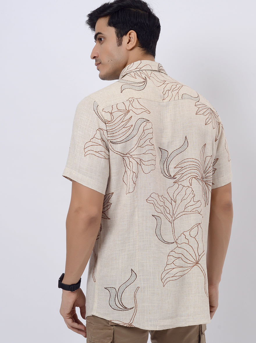 Beige Printed Slim Fit Casual Shirt | pehervi