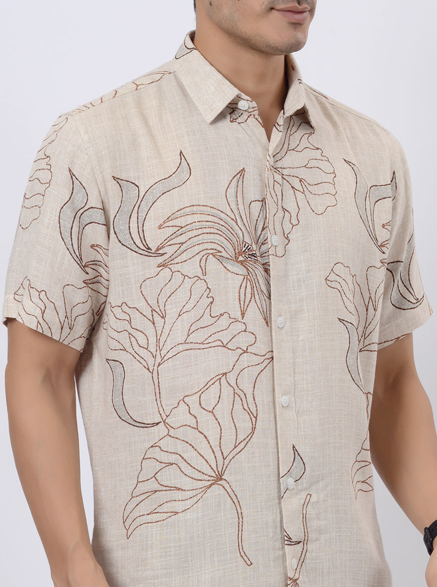 Beige Printed Slim Fit Casual Shirt | pehervi
