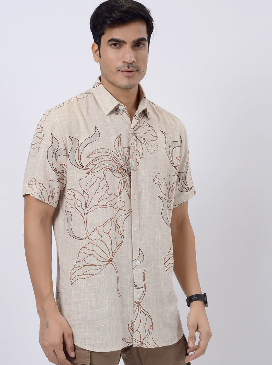 Beige Printed Slim Fit Casual Shirt | pehervi