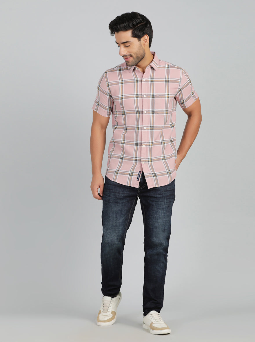 Dusky Pink Checked Slim Fit Casual Shirt | pehervi