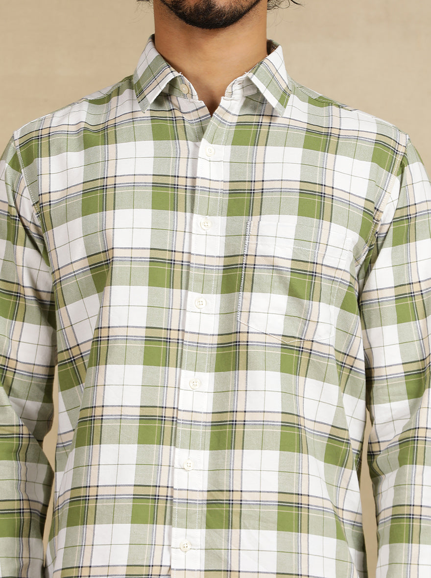 Green Checked Slim Fit Casual Shirt | pehervi