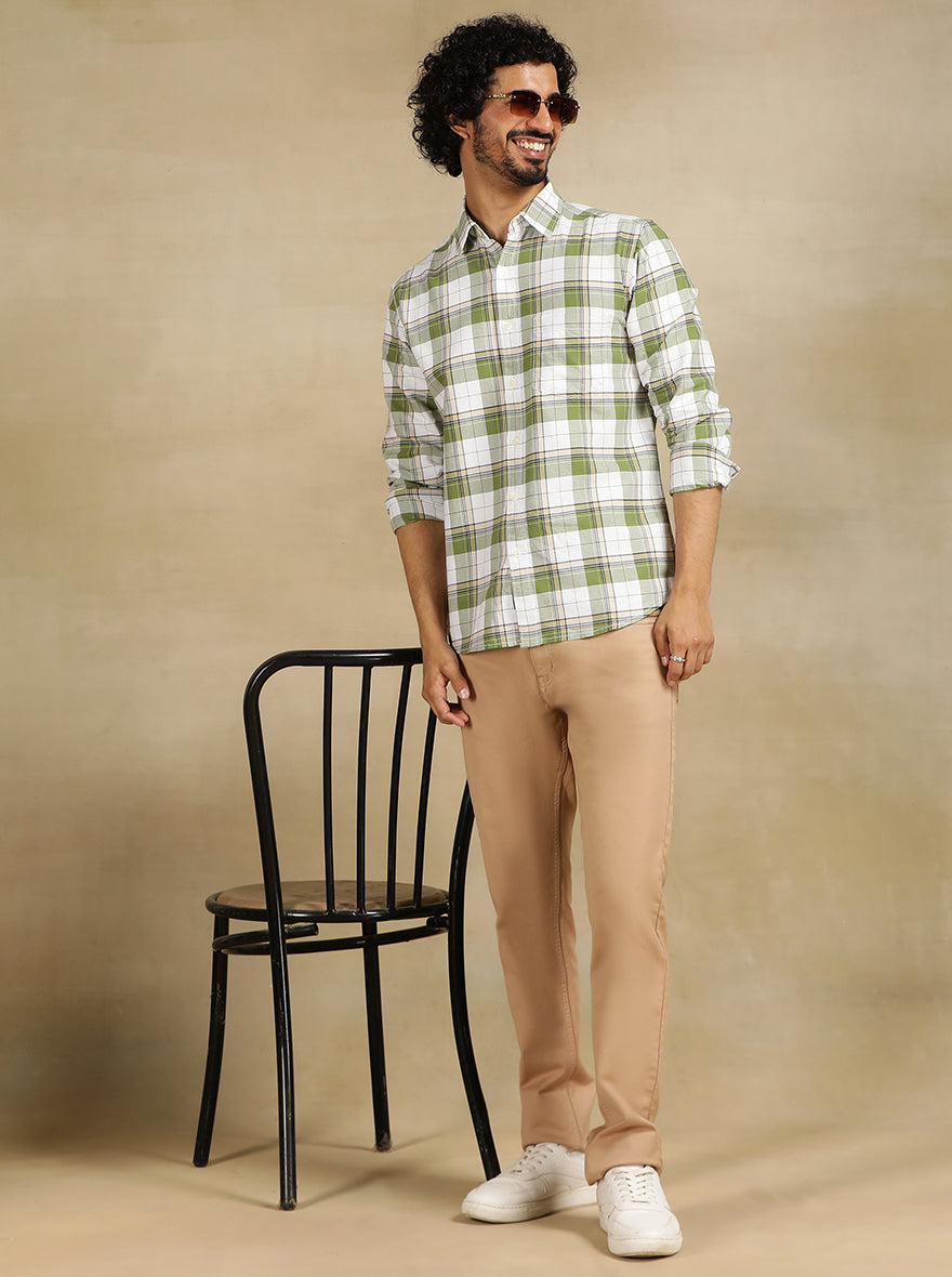 Green Checked Slim Fit Casual Shirt | pehervi