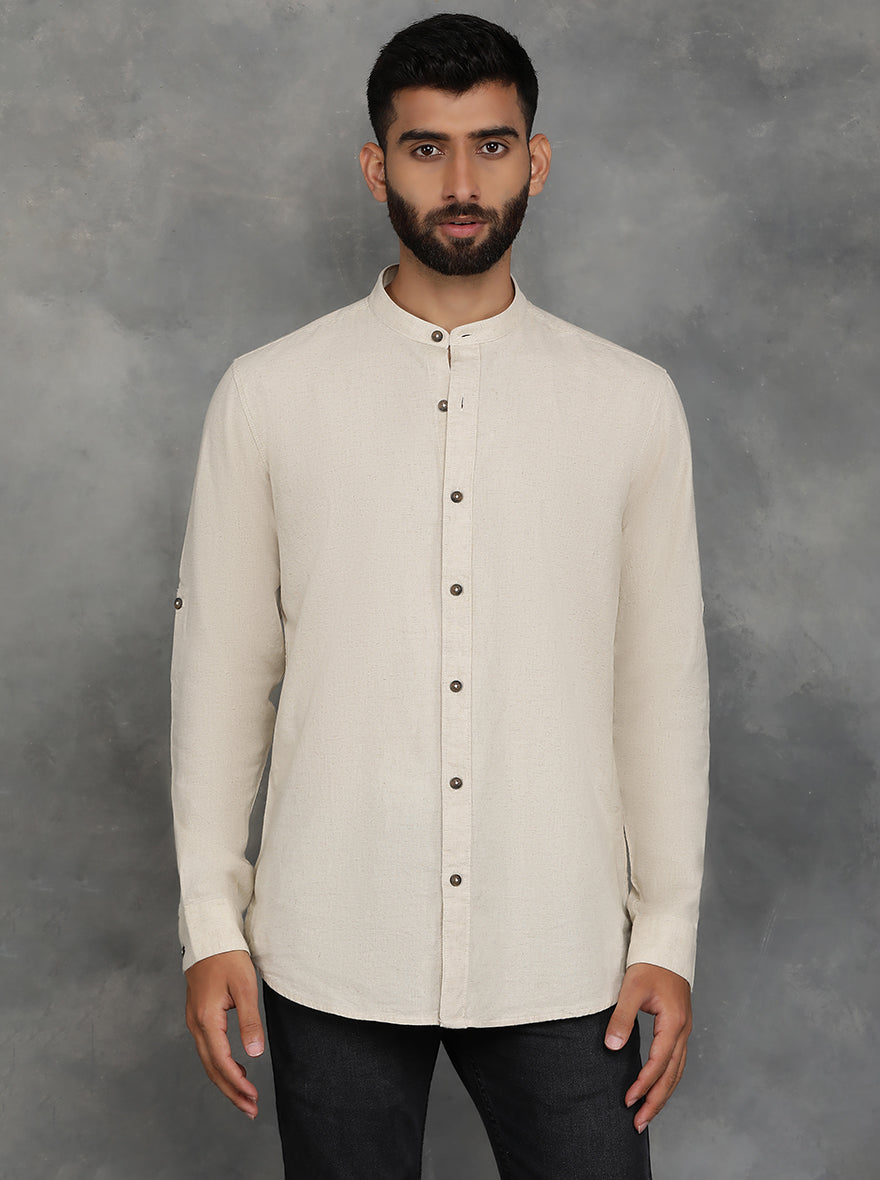 Beige Solid Slim Fit Casual Shirt | pehervi