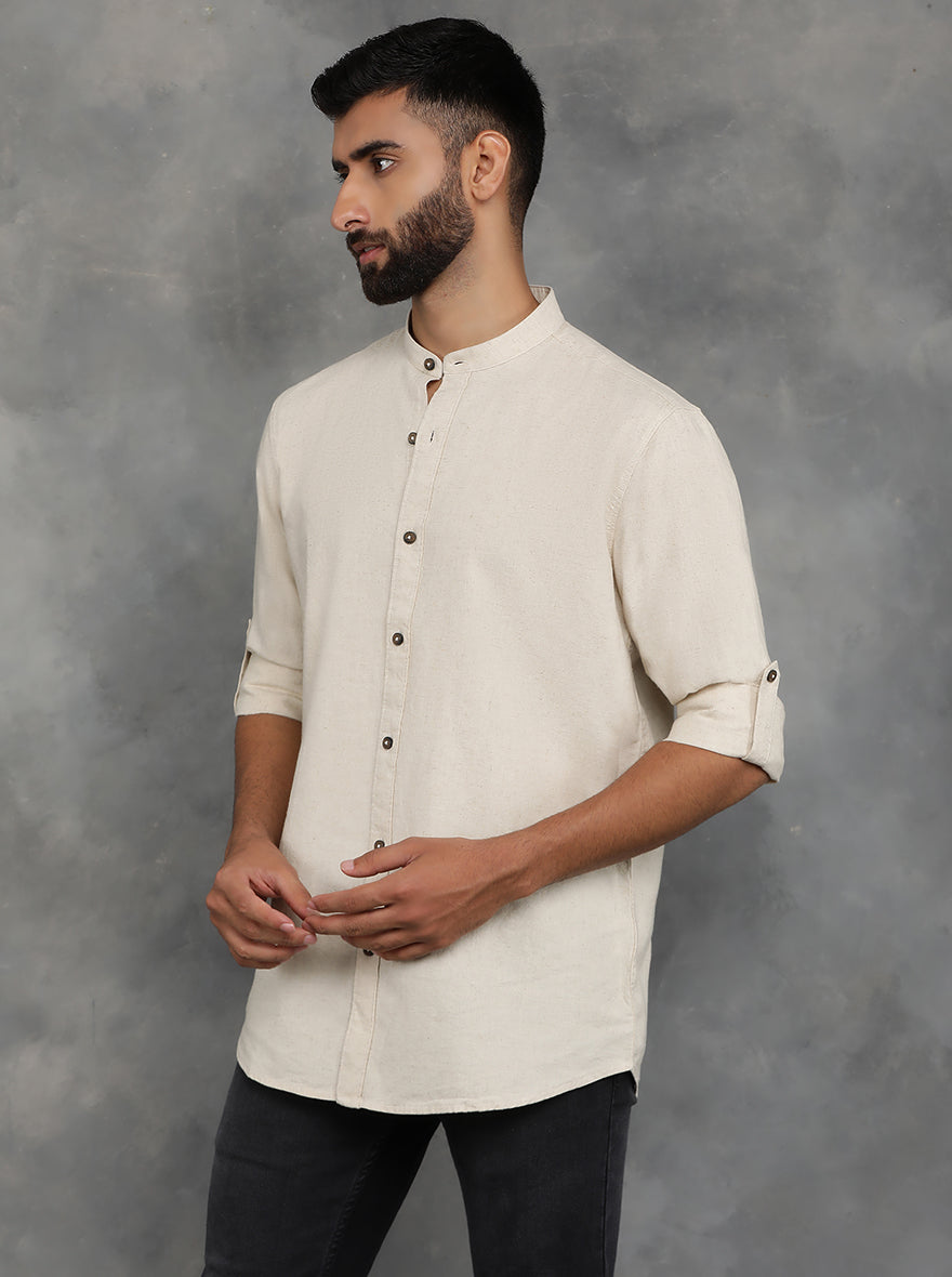 Beige Solid Slim Fit Casual Shirt | pehervi