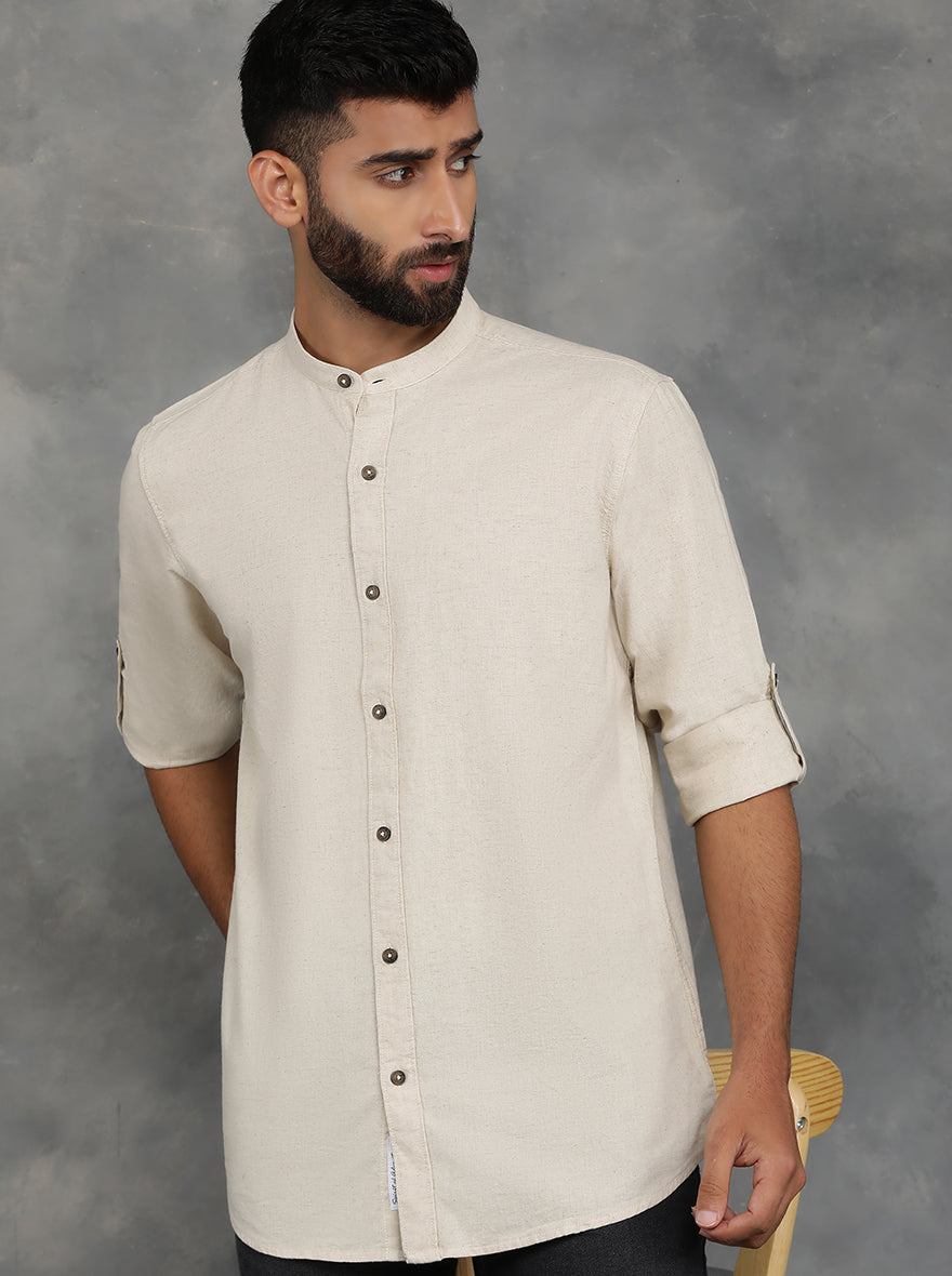 Beige Solid Slim Fit Casual Shirt | pehervi