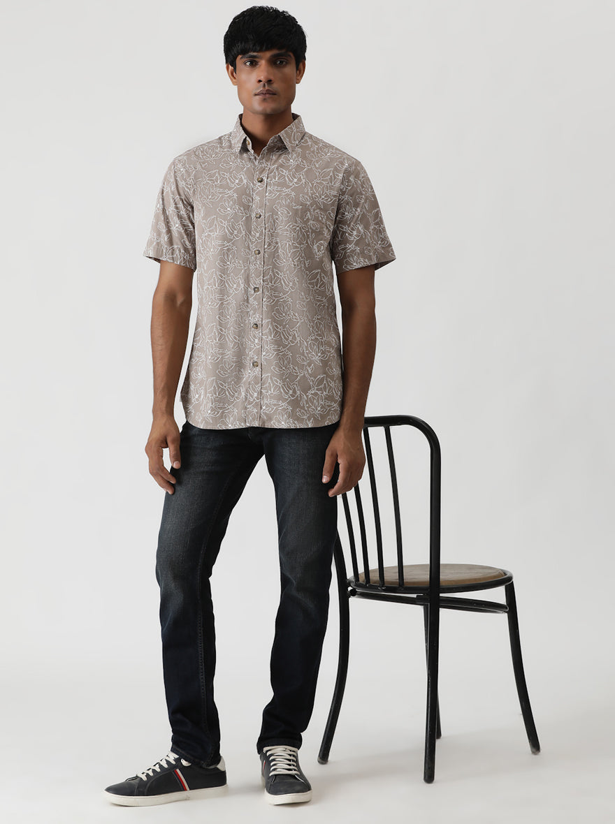Brown Printed Slim Fit Casual Shirt | pehervi