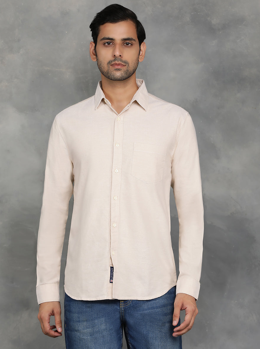 Beige Solid Slim Fit Casual Shirt | pehervi