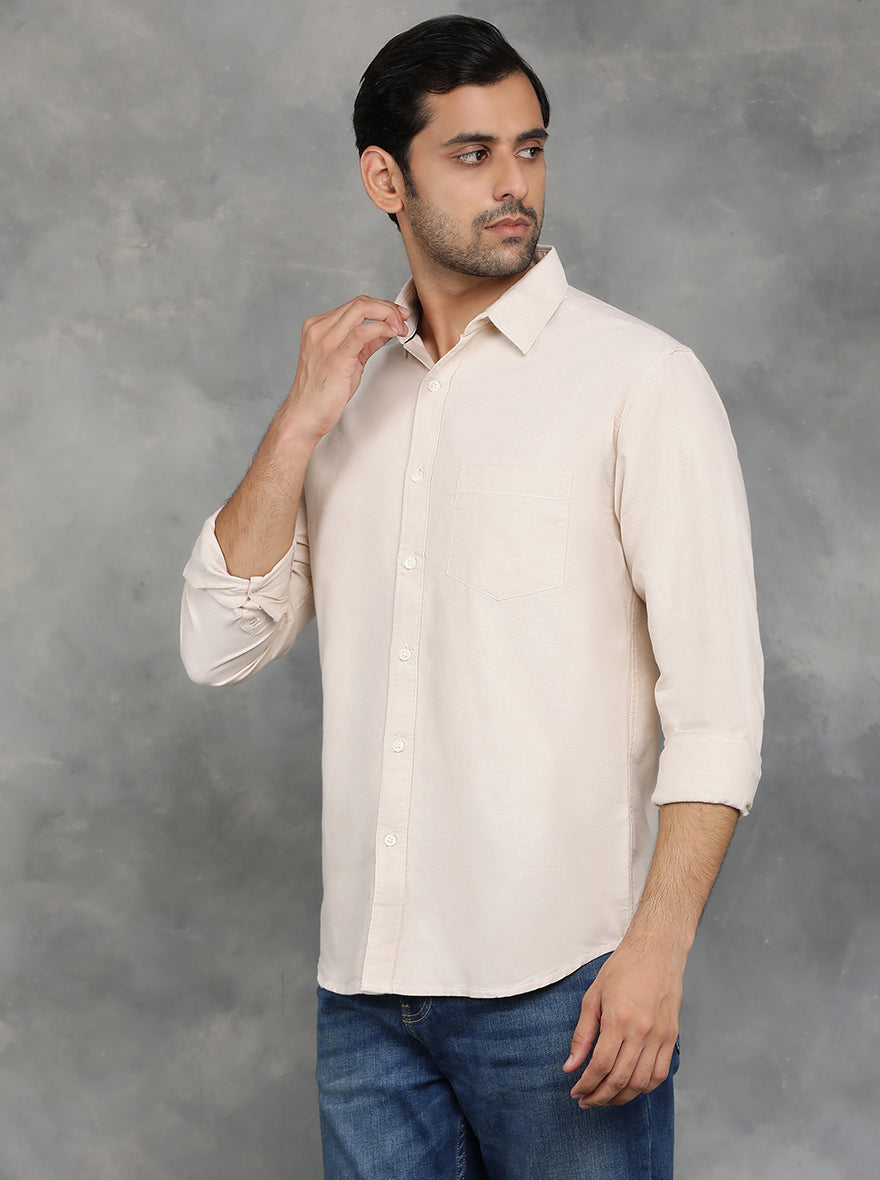Beige Solid Slim Fit Casual Shirt | pehervi
