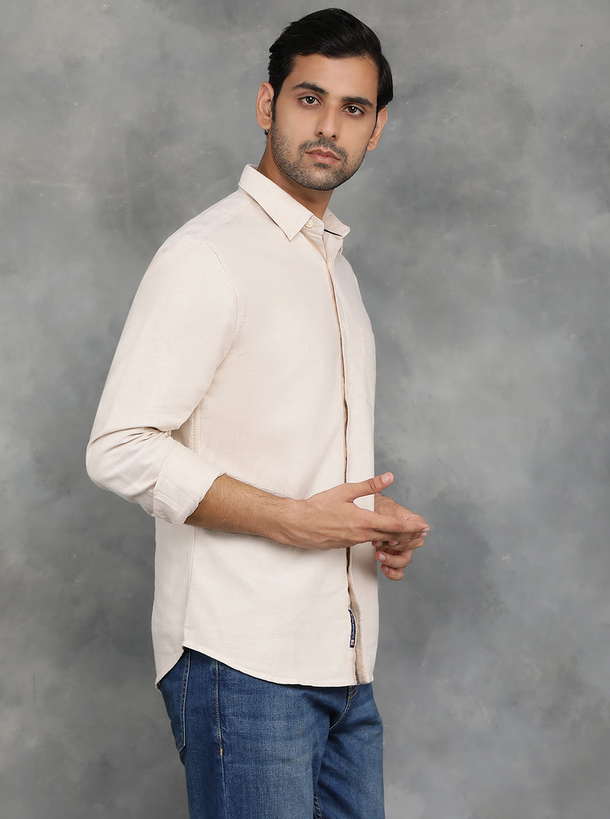 Beige Solid Slim Fit Casual Shirt | pehervi