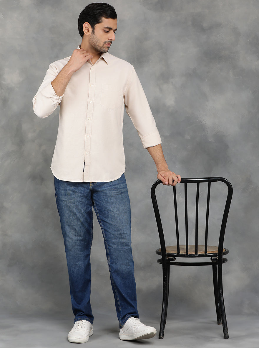 Beige Solid Slim Fit Casual Shirt | pehervi