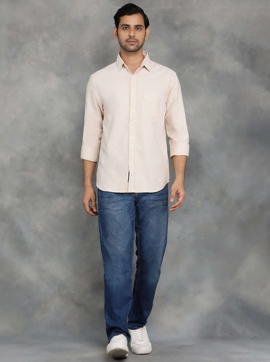 Beige Solid Slim Fit Casual Shirt | pehervi