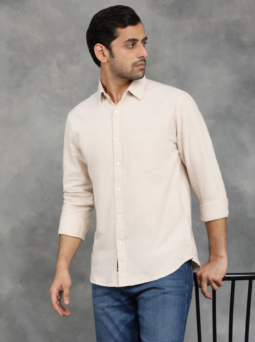 Beige Solid Slim Fit Casual Shirt | pehervi