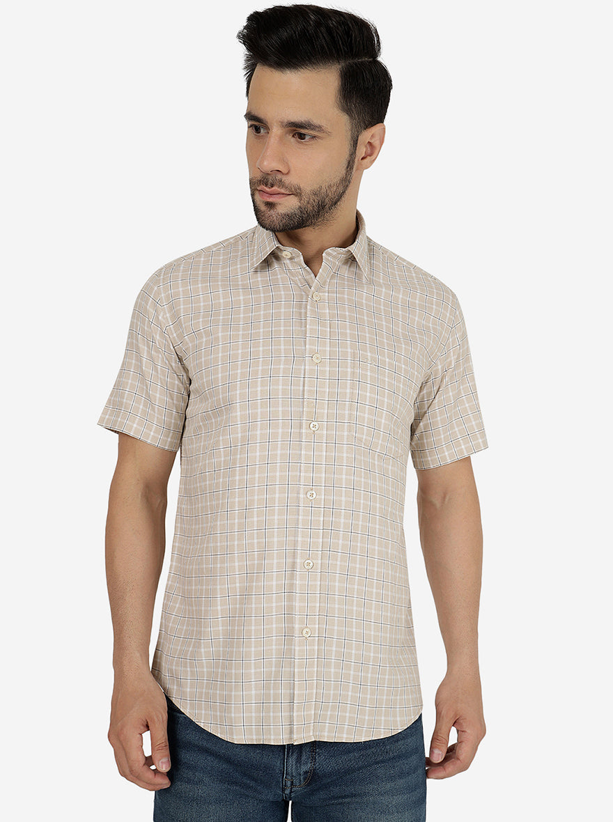 Beige Checked Slim Fit Semi Casual Shirt | Pehervi