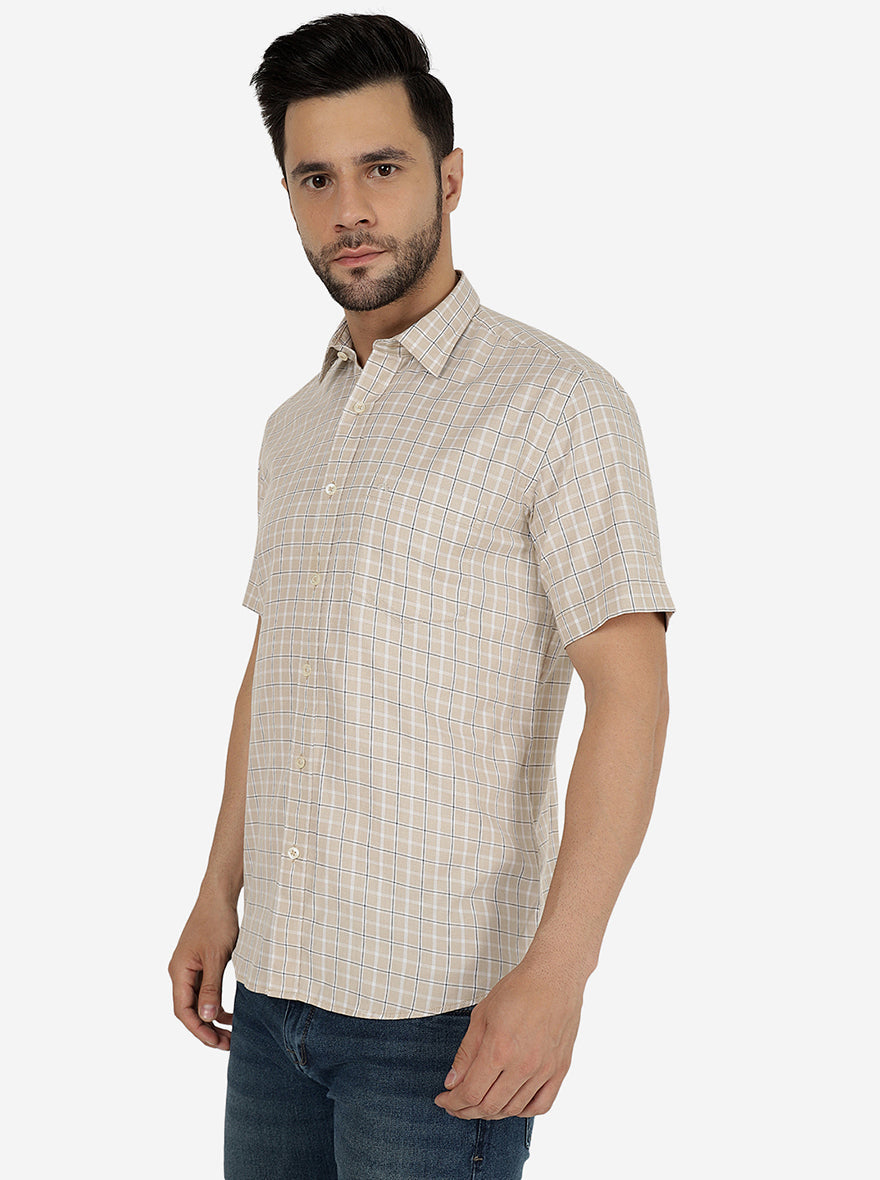 Beige Checked Slim Fit Semi Casual Shirt | Pehervi