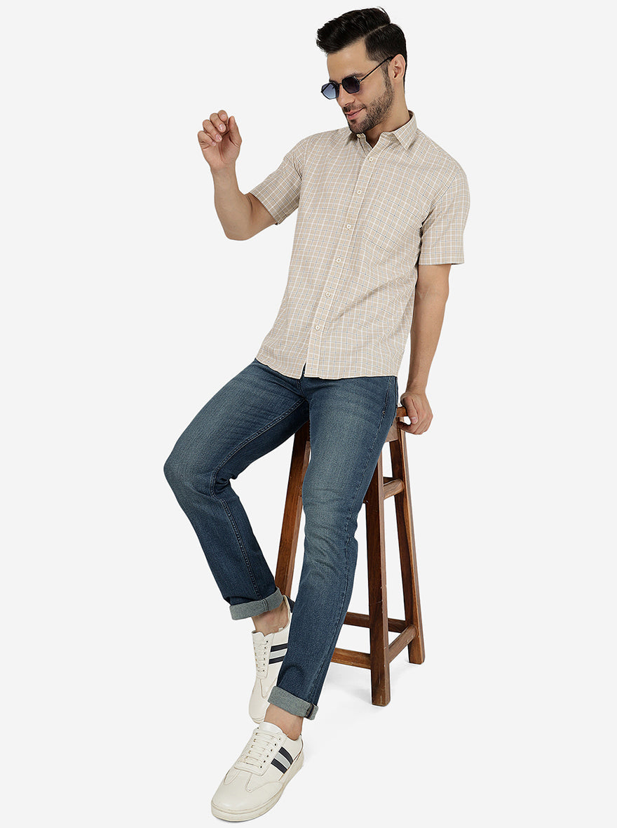 Beige Checked Slim Fit Semi Casual Shirt | Pehervi