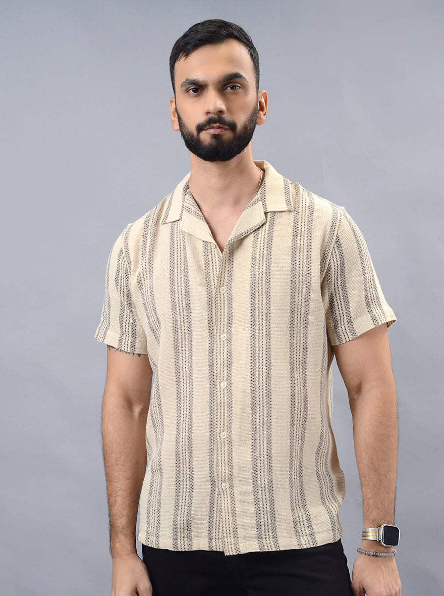 Beige Striped Slim Fit Casual Shirt | pehervi