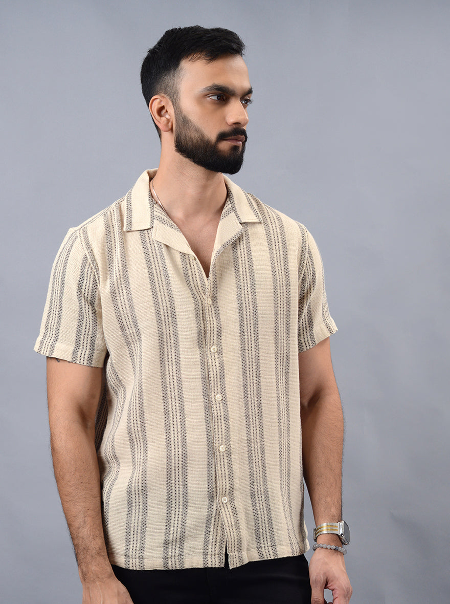 Beige Striped Slim Fit Casual Shirt | pehervi