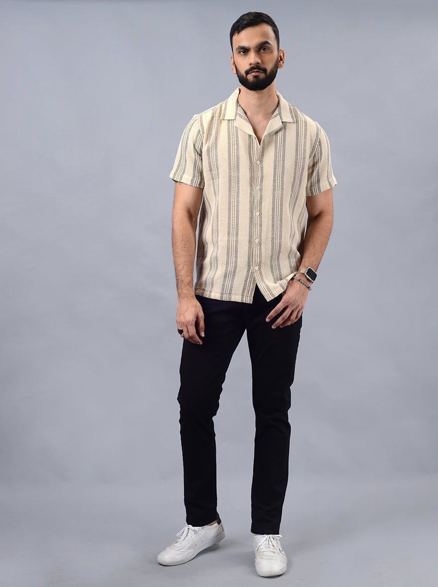 Beige Striped Slim Fit Casual Shirt | pehervi