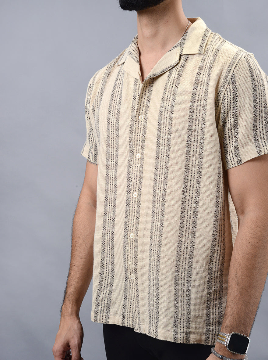 Beige Striped Slim Fit Casual Shirt | pehervi