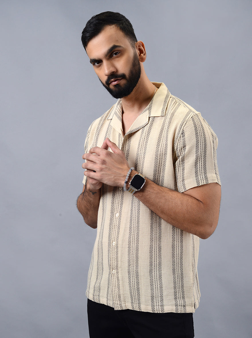 Beige Striped Slim Fit Casual Shirt | pehervi
