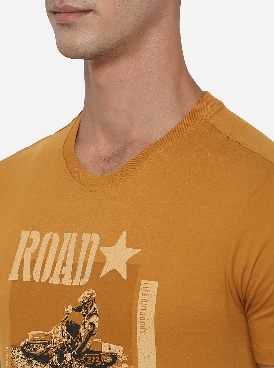 Golden Yellow Printed Slim Fit T-Shirt | pehervi