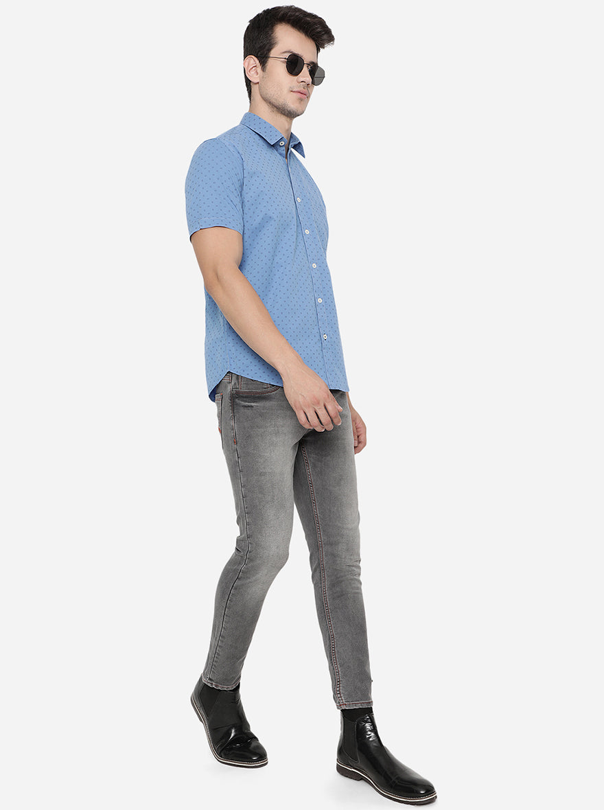 Dusty Blue Printed Slim Fit Semi Casual Shirt | Pehervi