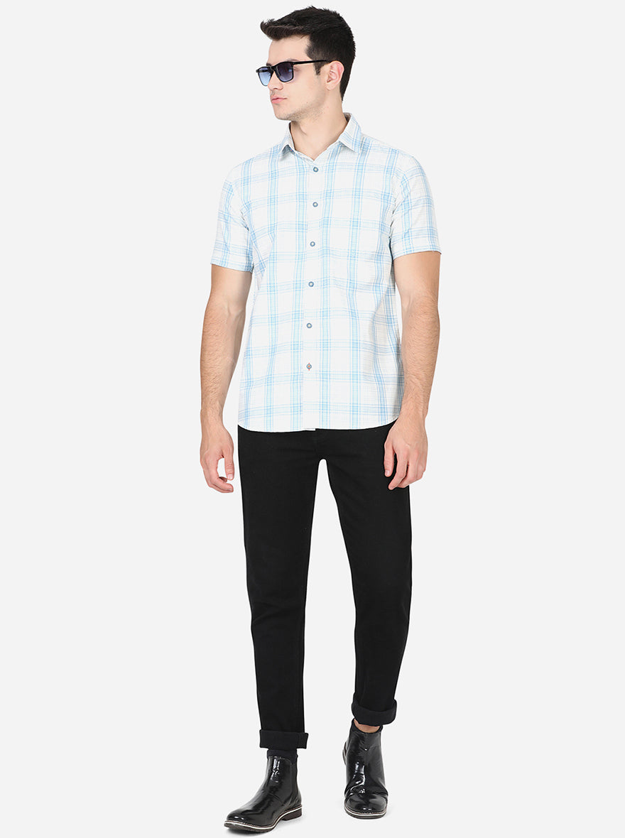 Bright White & Green Checked Slim Fit Semi Casual Shirt | Pehervi