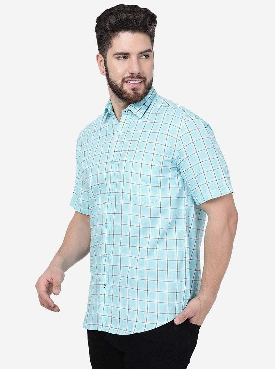 Aqua Blue Checked Smart Fit Semi Casual Shirt | Pehervi