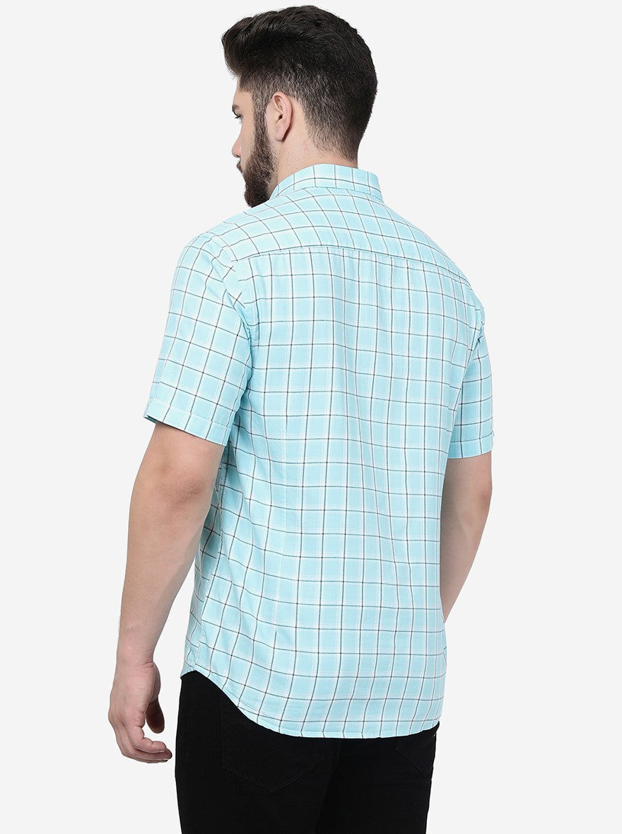 Aqua Blue Checked Smart Fit Semi Casual Shirt | Pehervi