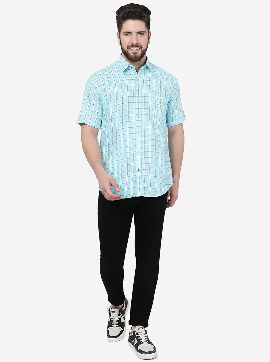 Aqua Blue Checked Smart Fit Semi Casual Shirt | Pehervi