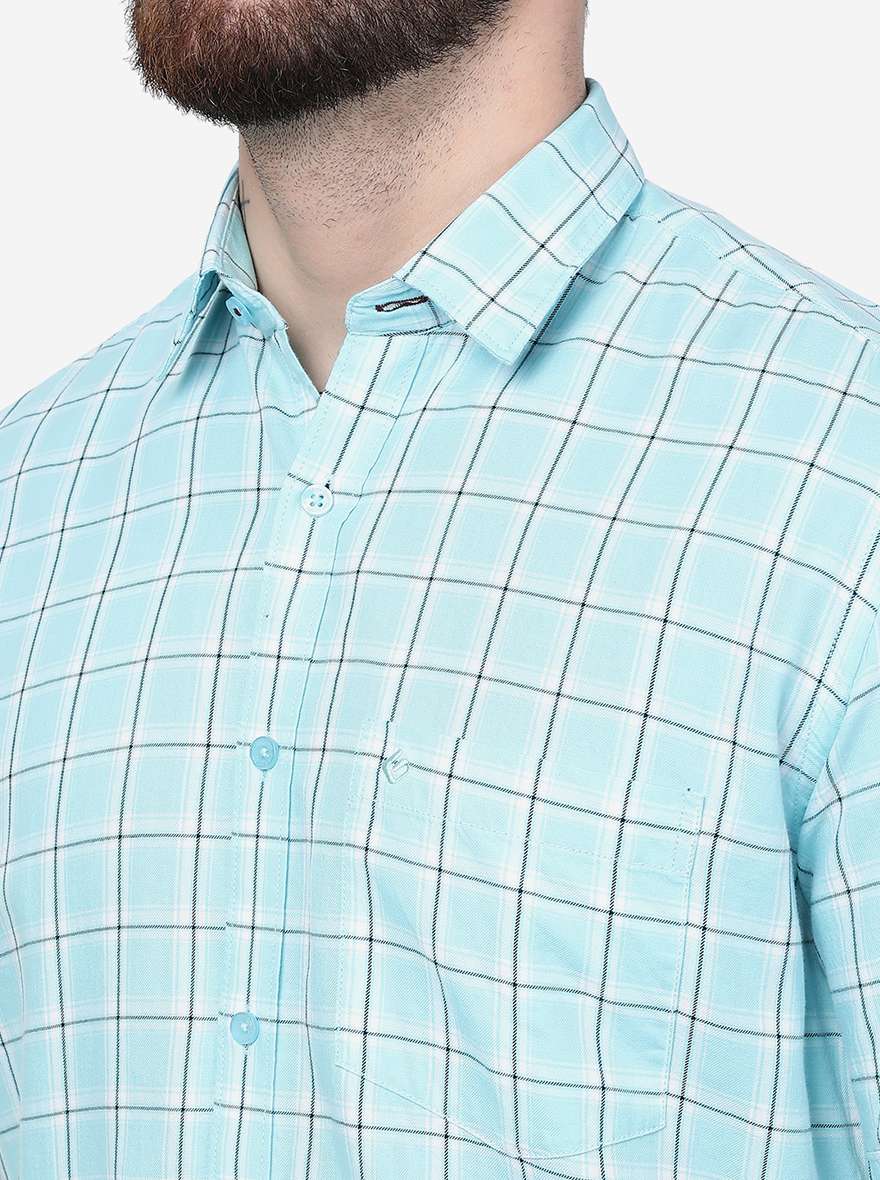 Aqua Blue Checked Smart Fit Semi Casual Shirt | Pehervi