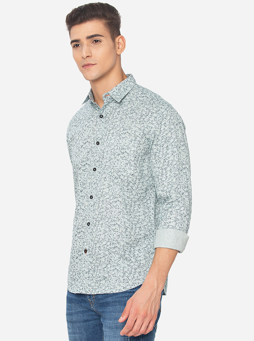 Aqua Green Printed Slim Fit Semi Casual Shirt | Pehervi