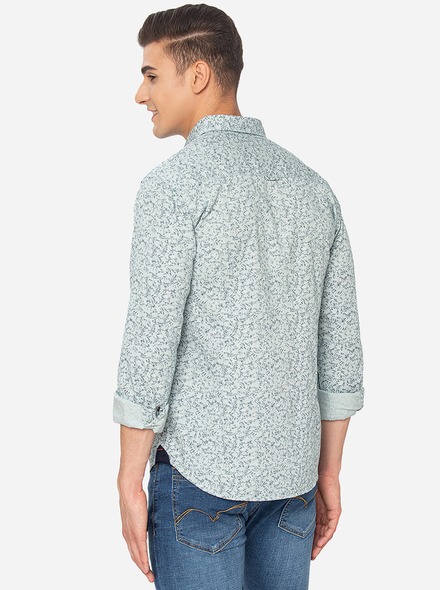 Aqua Green Printed Slim Fit Semi Casual Shirt | Pehervi