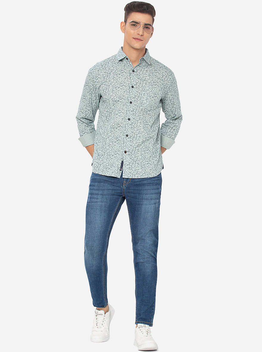 Aqua Green Printed Slim Fit Semi Casual Shirt | Pehervi