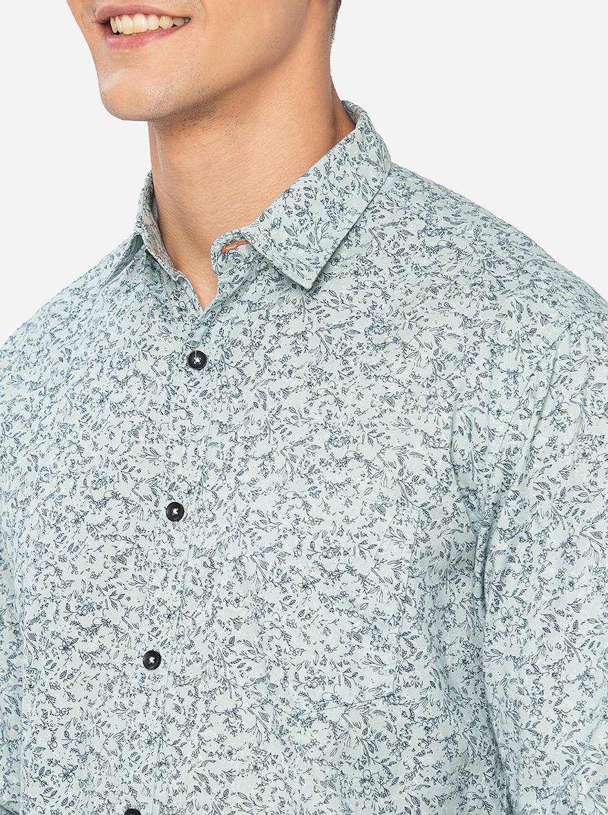 Aqua Green Printed Slim Fit Semi Casual Shirt | Pehervi