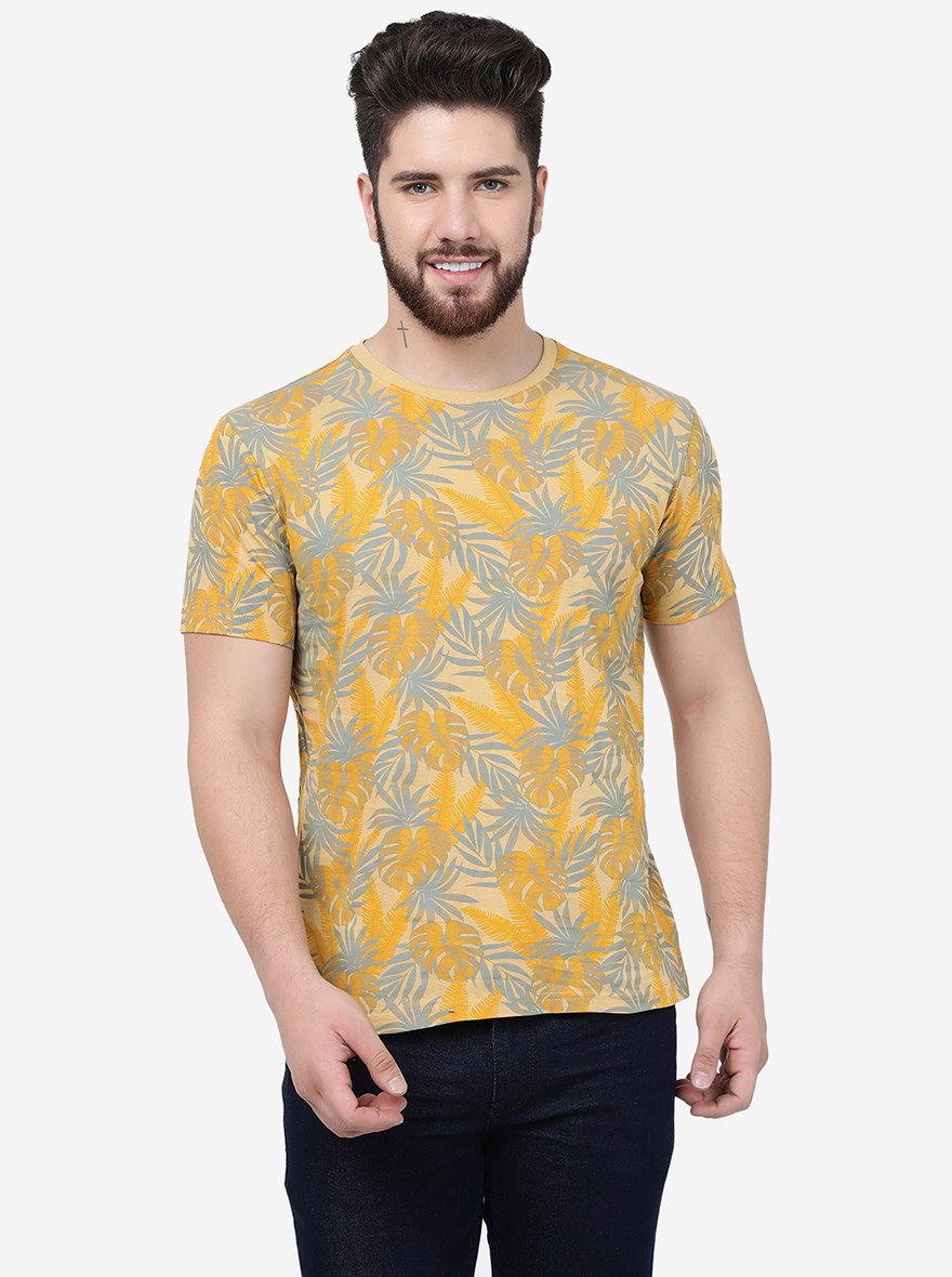 Beige Printed Slim Fit T-Shirt | pehervi