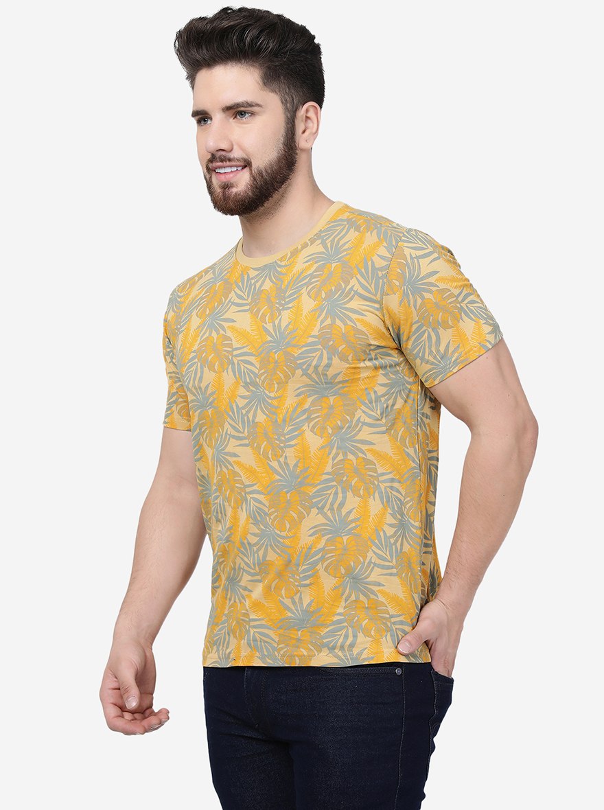 Beige Printed Slim Fit T-Shirt | pehervi