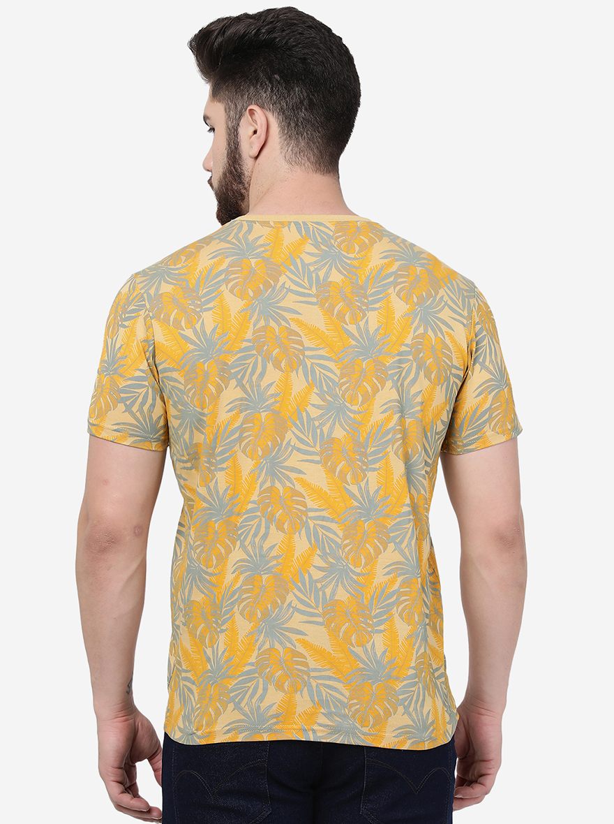 Beige Printed Slim Fit T-Shirt | pehervi