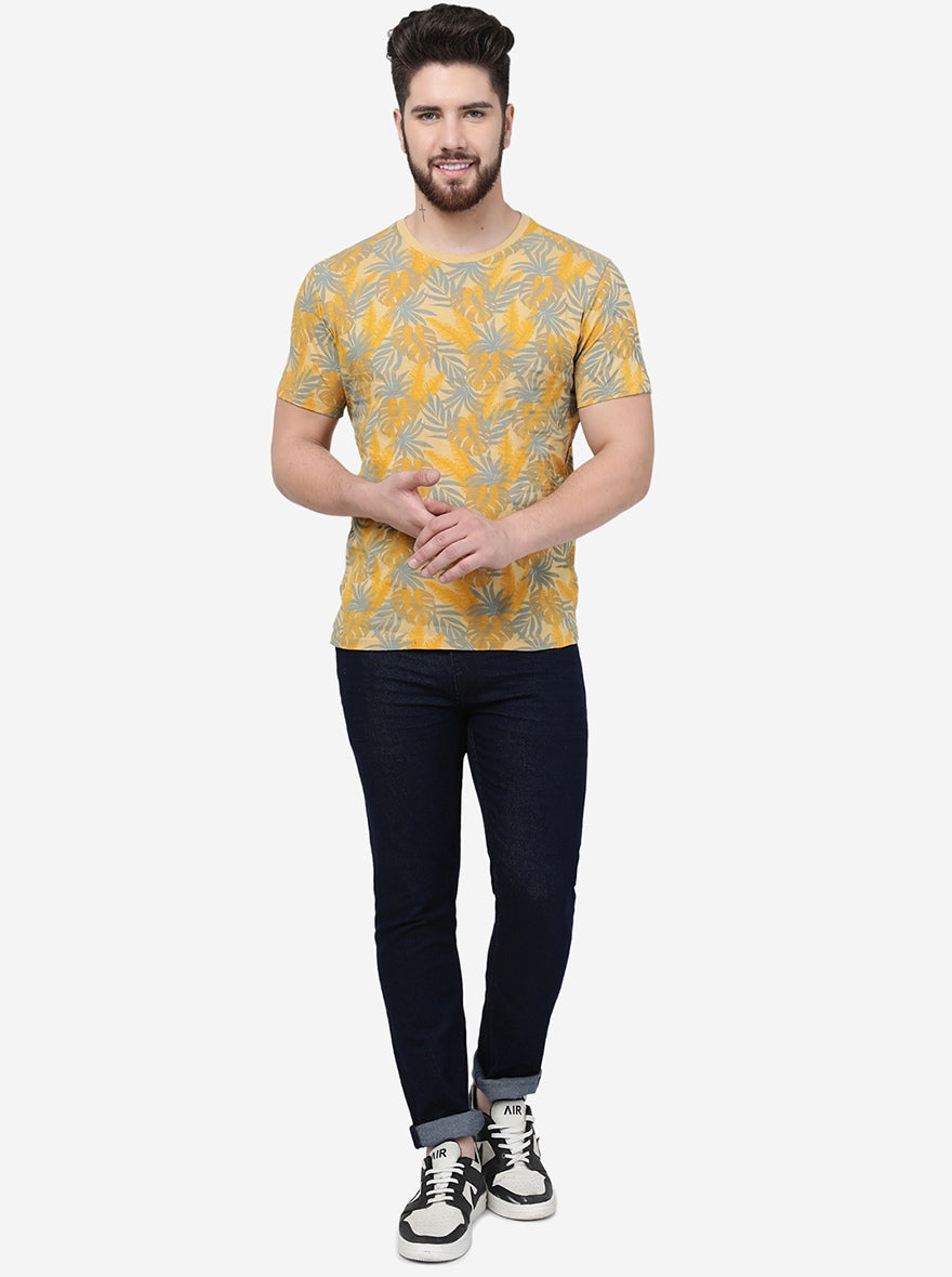 Beige Printed Slim Fit T-Shirt | pehervi