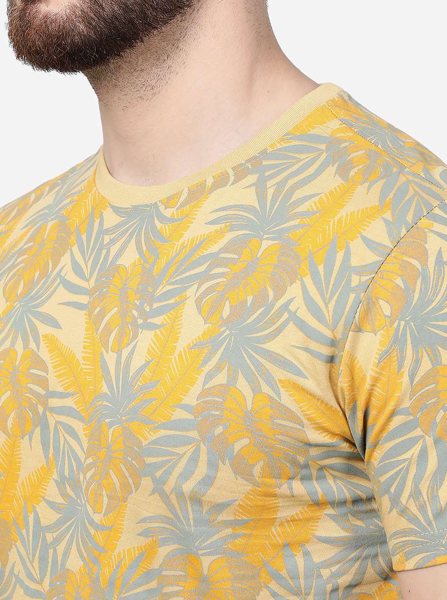 Beige Printed Slim Fit T-Shirt | pehervi