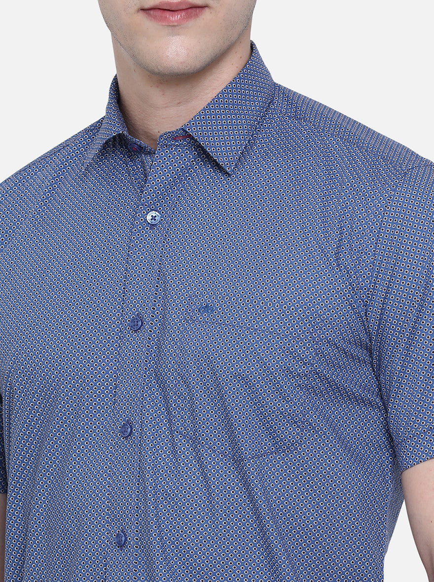 Bijou Blue Printed Slim Fit Semi Casual Shirt | Pehervi